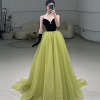 Black and Green Tulle Long Prom Dress, Green V-Neck Evening Dress - Thumbnail 3
