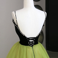 Black and Green Tulle Long Prom Dress, Green V-Neck Evening Dress - Thumbnail 2