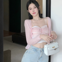 Coquette Sweet Girl Spring Summer Butterfly Pastel Pink Blue Camisole Top & Cardigan Two Piece Set - Thumbnail 2