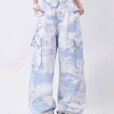 Light blue sky camouflage dye women loose casual pants