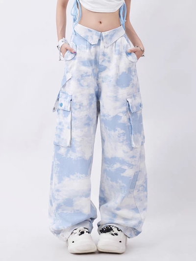Light Blue Sky Camouflage Dye Women Loose Casual Pants