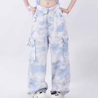 Light Blue Sky Camouflage Dye Women Loose Casual Pants - Thumbnail 4