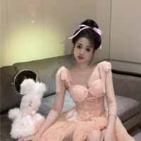 Sweet Pink Balletcore Girl Corset Bow Lace Camisole Top & Tulle Short Skirt Two piece Set - Thumbnail 1