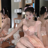 Sweet Pink Balletcore Girl Corset Bow Lace Camisole Top & Tulle Short Skirt Two piece Set - Thumbnail 2