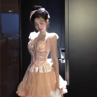 Sweet Pink Balletcore Girl Corset Bow Lace Camisole Top & Tulle Short Skirt Two piece Set - Thumbnail 3