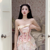 Coquette Sweet Pink Bra Corset Balletcore Strapless Top & White Shorts Two Piece Set - Thumbnail 2