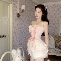 Coquette Sweet Pink Bra Corset Balletcore Strapless Top & White Shorts Two Piece Set - Thumbnail 4