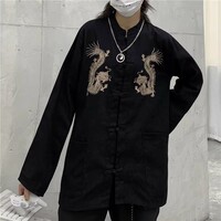 Harajuku style dark retro Yokosuka dragon embroidery Tang suit loose casual shirt couple jacket - Thumbnail 6