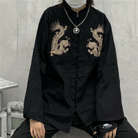 Harajuku style dark retro Yokosuka dragon embroidery Tang suit loose casual shirt couple jacket - Thumbnail 3