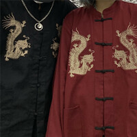 Harajuku style dark retro Yokosuka dragon embroidery Tang suit loose casual shirt couple jacket - Thumbnail 1