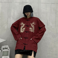 Harajuku style dark retro Yokosuka dragon embroidery Tang suit loose casual shirt couple jacket - Thumbnail 5