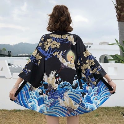 Crane print cardigan jacket men's and women's kimono sun protection cloak
