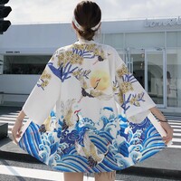 Crane print cardigan jacket men's and women's kimono sun protection cloak - Thumbnail 1