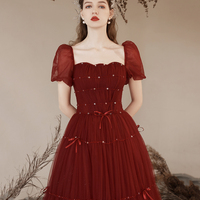Burgundy Tulle Long Prom Dress, Beautiful A-Line Short Sleeve Evening Dress - Thumbnail 1