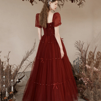 Burgundy Tulle Long Prom Dress, Beautiful A-Line Short Sleeve Evening Dress - Thumbnail 2