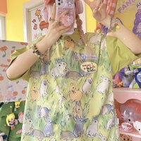 Retro fun cartoon bunny short sleeve blouses - Thumbnail 6