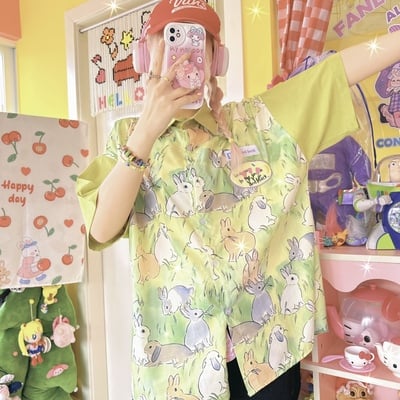 Retro fun cartoon bunny short sleeve blouses