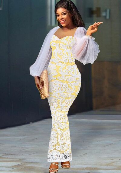 White and Yellow Sheath Lace African Prom Dress Black Girl Evening Dress