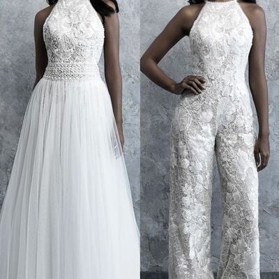 Elegant lace sleeveless with detachable train wedding jumpsuit bridal jumpsuit