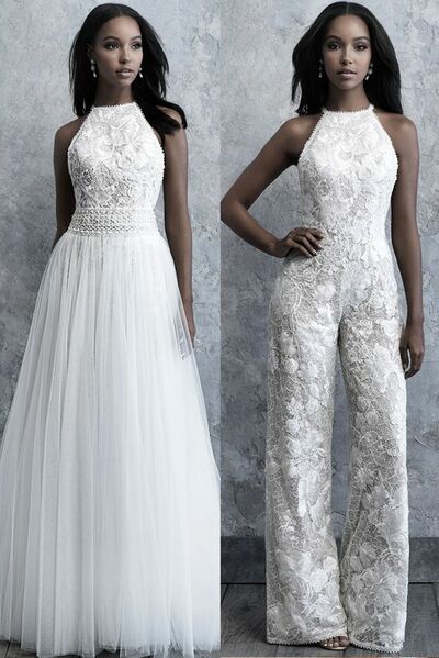 Elegant Lace Sleeveless with Detachable Train Wedding Jumpsuit Bridal Jumpsuit