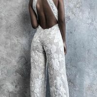 Elegant Lace Sleeveless with Detachable Train Wedding Jumpsuit Bridal Jumpsuit - Thumbnail 1