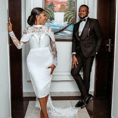 Simple tea-length lace african wedding dress bridal dress