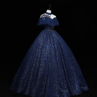 Blue Tulle Sequins Long Formal Dress, Blue Evening Dress - Thumbnail 1