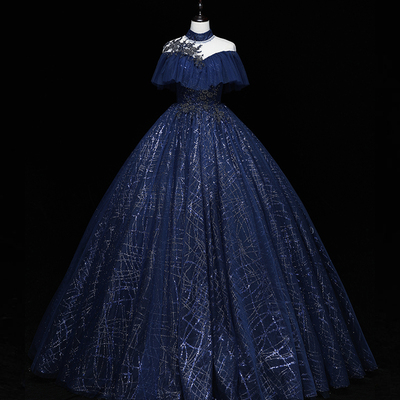 Blue tulle sequins long formal dress, blue evening dress - Thumbnail 1