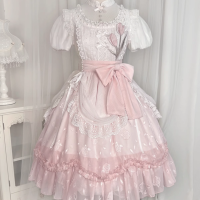 Tulip princess floral flower fairy pink white lace bow dollcore puff sleeve dress - Thumbnail 1
