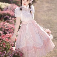 Tulip Princess Floral Flower Fairy Pink White Lace Bow Dollcore Puff Sleeve Dress - Thumbnail 2