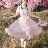 Tulip Princess Floral Flower Fairy Pink White Lace Bow Dollcore Puff Sleeve Dress - Thumbnail 3