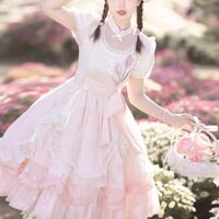 Tulip Princess Floral Flower Fairy Pink White Lace Bow Dollcore Puff Sleeve Dress - Thumbnail 4