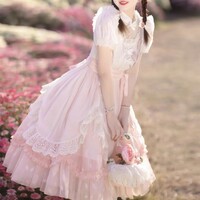 Tulip Princess Floral Flower Fairy Pink White Lace Bow Dollcore Puff Sleeve Dress - Thumbnail 6