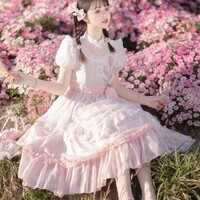 Tulip Princess Floral Flower Fairy Pink White Lace Bow Dollcore Puff Sleeve Dress - Thumbnail 7