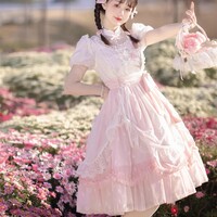 Tulip Princess Floral Flower Fairy Pink White Lace Bow Dollcore Puff Sleeve Dress - Thumbnail 8