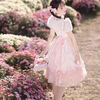 Tulip Princess Floral Flower Fairy Pink White Lace Bow Dollcore Puff Sleeve Dress - Thumbnail 9