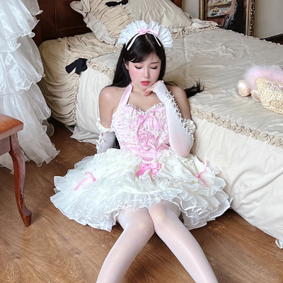 Lovely girl maid balletcore coquette lace hearts black pink strap tulle dress