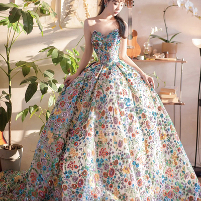 Beautiful floral sequins long prom dress, a-line evening party dress - Thumbnail 2