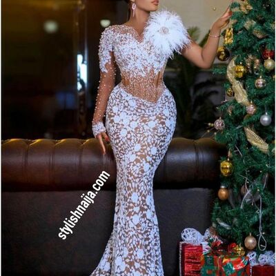 Simple long sleeve lace feathers african wedding dress bridal dress