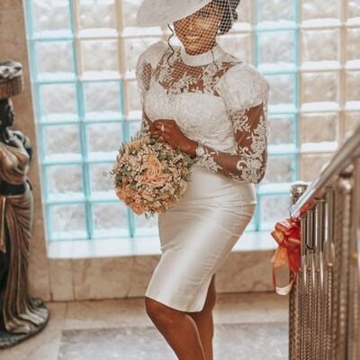 Simple lace long sleeve mini short african wedding dress bridal dress