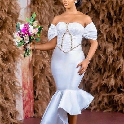 Simple off the shoulder tea-length african wedding dress bridal dress