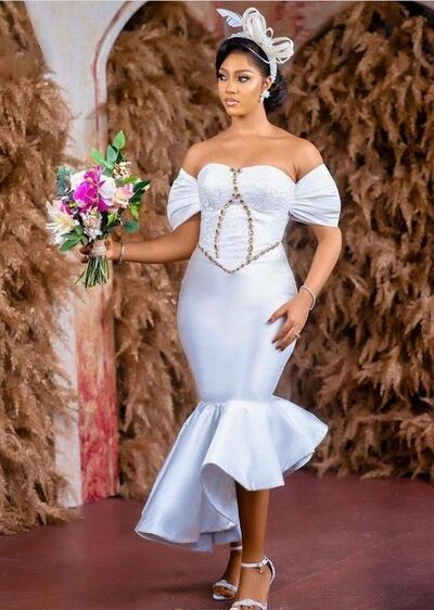 Simple Off the Shoulder Tea-length African Wedding Dress Bridal Dress