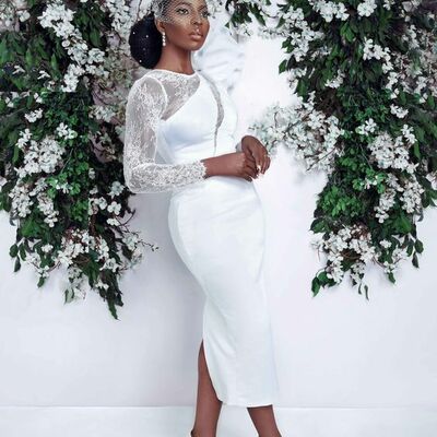 Simple lace long sleeve tea-length african wedding dress bridal dress