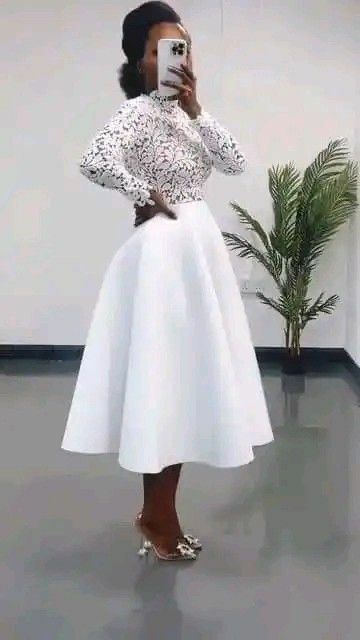 Simple Lace Long Sleeve Tea-length African Wedding Dress Bridal Dress