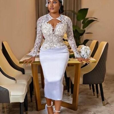 Simple long sleeve lace tea-length african wedding dress bridal dress