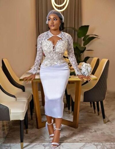 Simple Long Sleeve Lace Tea-length African Wedding Dress Bridal Dress