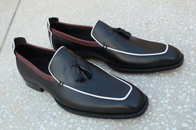 Classic Handmade Black with White Lining Tassel Loafers Shoes 