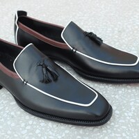 Classic Handmade Black with White Lining Tassel Loafers Shoes  - Thumbnail 1