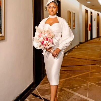 Simple sheath long sleeve tea-length african wedding dress bridal dress