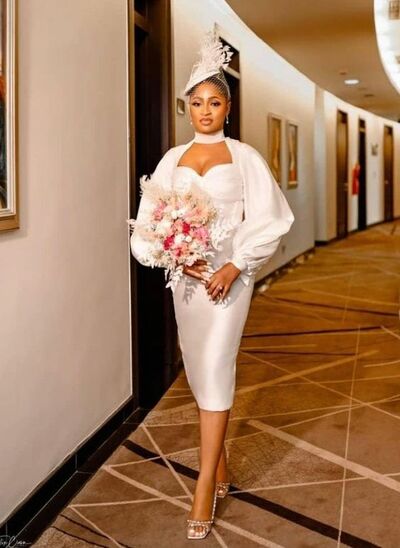 Simple Sheath Long Sleeve Tea-length African Wedding Dress Bridal Dress